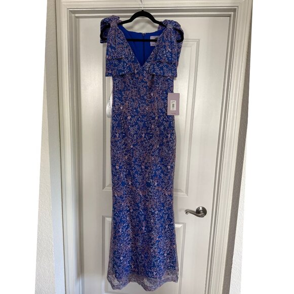 NWT JS Collections Kamila Bow Mermaid Gown Blue Embroidered Dress Size 2 - Picture 6 of 8